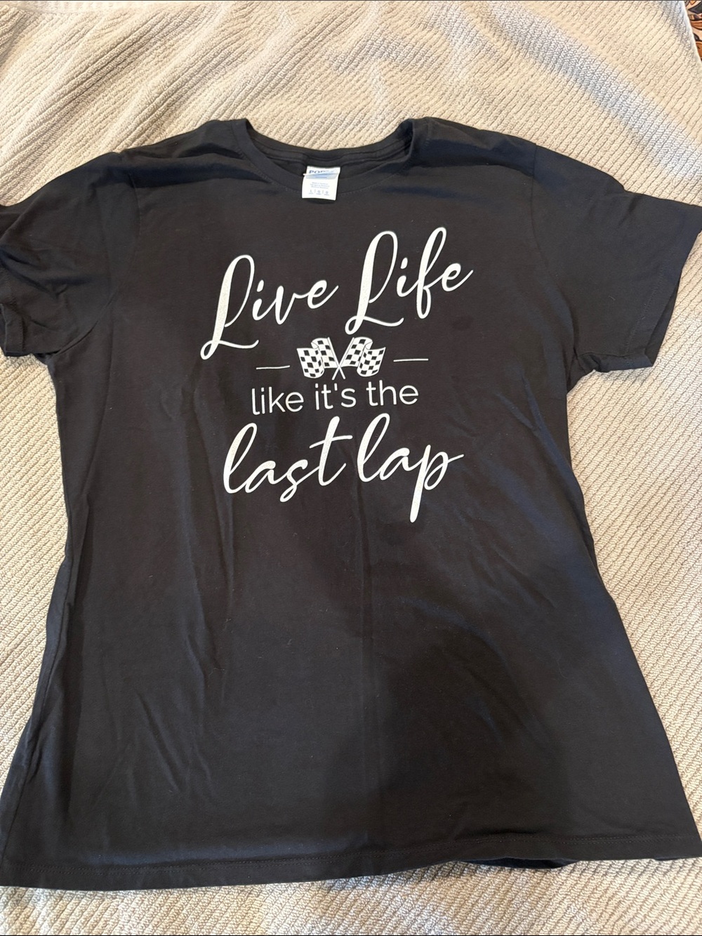 Port and Company Black Women's 'Live Life Like It's the Last Lap' Graphic Tee